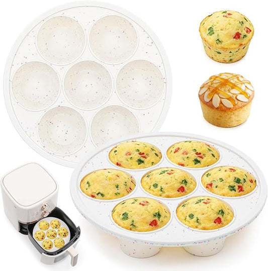 Vinino Silicone Air Fryer Muffin Pan with Reinforced Frame, Egg Bite Mold | 7 Cup Air Fryer Accessories, 2 Pack Silicone Muffin Pans for Oven, Perfect for Egg Bites, Muffins, Tarts, BPA-Free, Cream by VININO