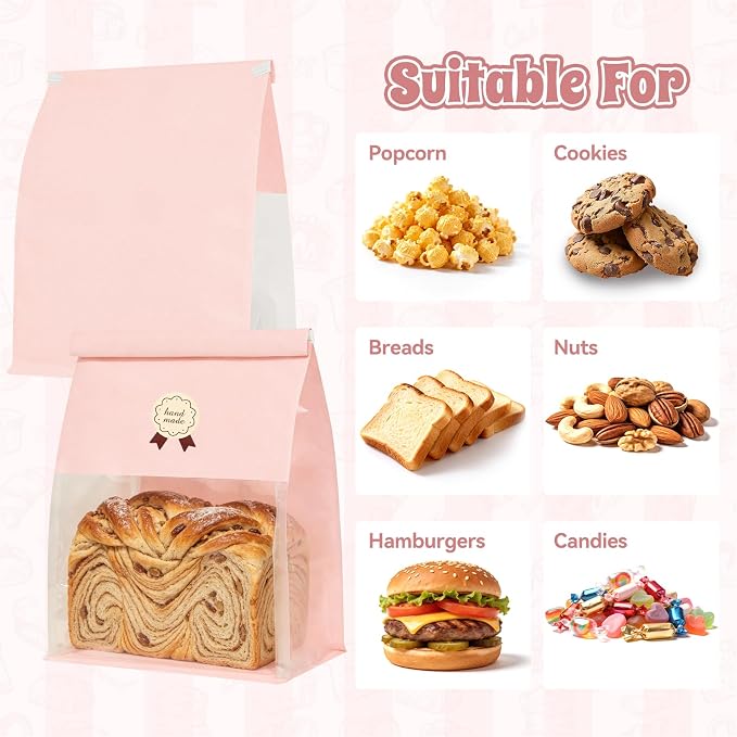 100 Bread Bags with Tabs for Homemade Sourdough Bread, 8.7x4.3x11 Inches Pink Bakery Storage Bags with Window/Ties, Large Bakery Loaf Bag for Baked Goods Packaging - Image 5