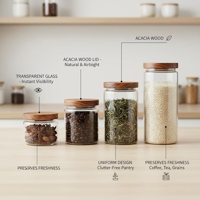 Clear Glass Storage Jars with Acacia Wood Lids for Pantry Organization - Dry Food Containers for Kitchen Countertops - Image 4