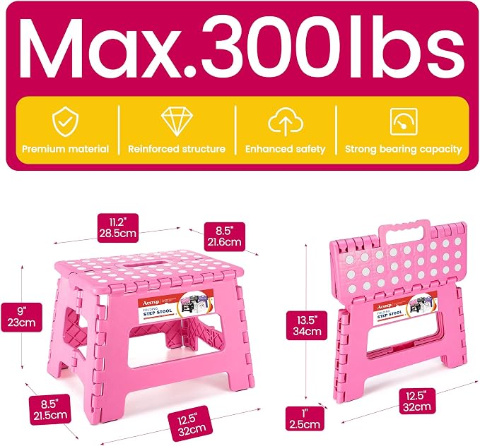 ACSTEP 9" Folding Step Stool for Kids, Holds 300 lb Foldable Stools, Pink | Heavy Duty Collapsible Foot Stools, Lightweight, Non-Slip, for Toddler/Adults Kitchen Bathroom Bedroom Outdoor, with Handle - Image 4