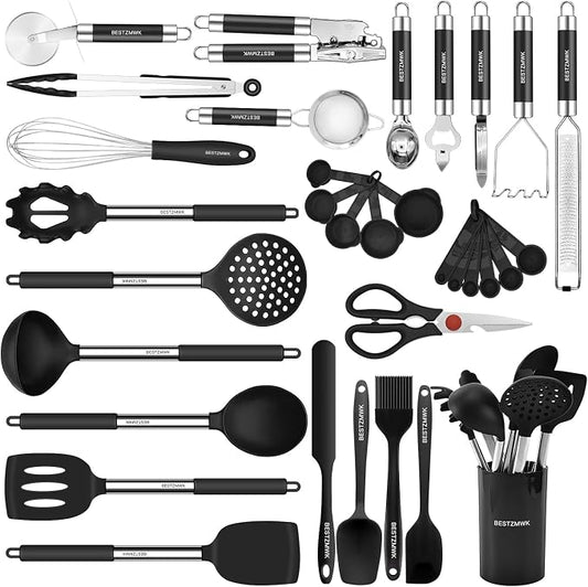 Kitchen Utensils Set-Silicone Cooking Utensils-32 pcs Non-Stick Silicone Cooking Kitchen Utensils Spatula Set with Holder-Best Kitchen Cookware with Stainless Steel Handle (Black) by BESTZMWK