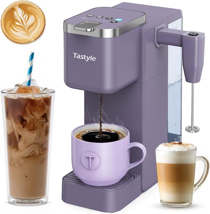 Tastyle Single Serve Coffee Maker with Built-in Detachable Milk Frother | For K Cups & Grounds, 40oz Removable Water Tank, 6 Brew Sizes, 2 Drip Trays, BPA Free, Fits 7.3" Travel Mug, K330MF, Purple by Tastyle