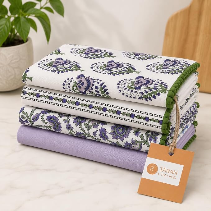 TARAN LIVING Printed Kitchen Dish Bar and Tea Towels Cotton, 18x28 inch with Trims, Cotton Dish Towel Sets (White & Purple, Set of 4) by TARANLIVING