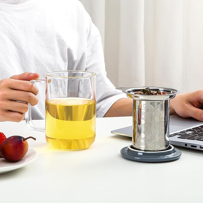 Aquach Tea Cup with Infuser and Lid, 18oz Borosilicate Glass Mug for Loose Leaf, Blooming Tea, Microwave & Dishwasher Safe - Ideal for Home Office Use, Gift for Tea Lovers