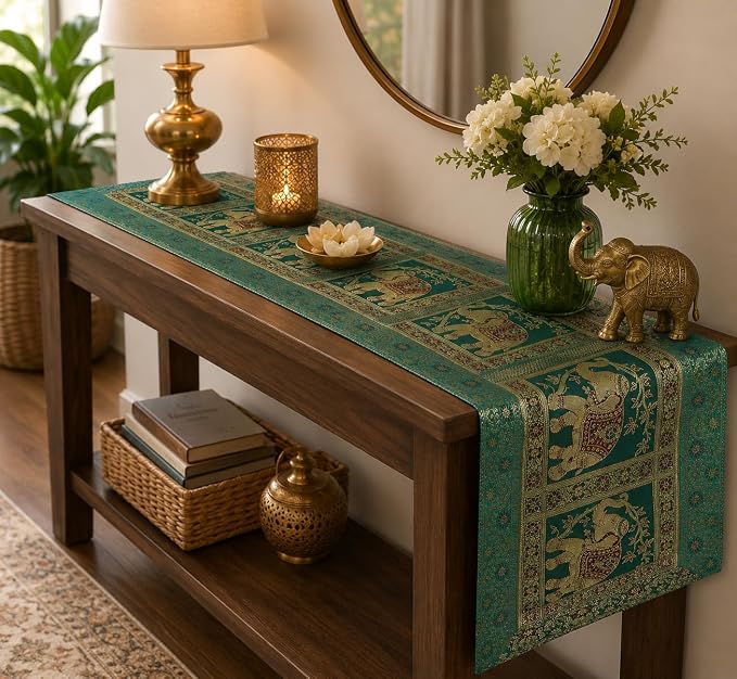 Indian Handmade Elephant Design Table Runner.Traditional Decorative Ethnic Kitchen Table Cloth for Wedding Bridal Birthday Party Decorations. 60 X 16 Green and Golden Color by Unknown