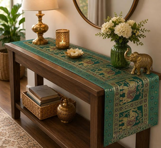 Indian Handmade Elephant Design Table Runner.Traditional Decorative Ethnic Kitchen Table Cloth for Wedding Bridal Birthday Party Decorations. 60 X 16 Green and Golden Color by Unknown