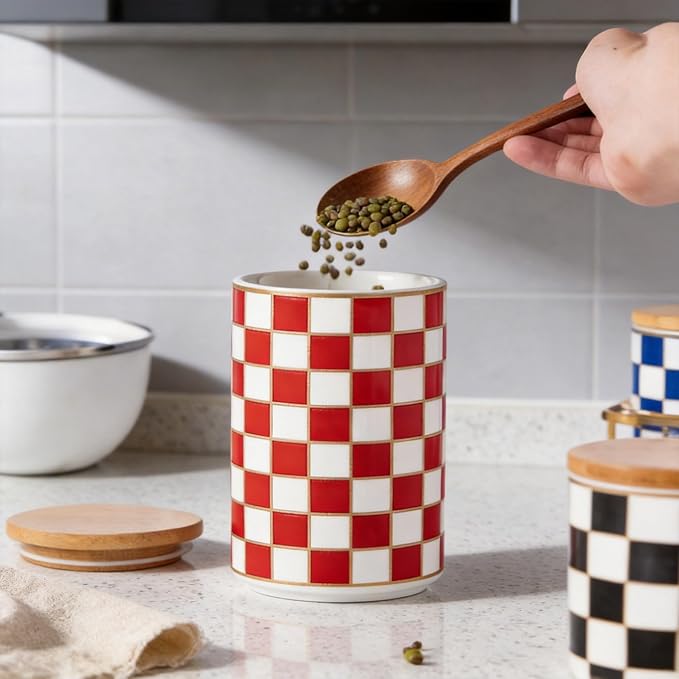 Kitchen Countertop Ceramic Checkered Canisters,Black And White Food Storage Containers With Lid,Airtight Kitchen Canisters for Flour, Sugar, Coffee, Tea, and Dry Goods (Red, Large) - Image 5