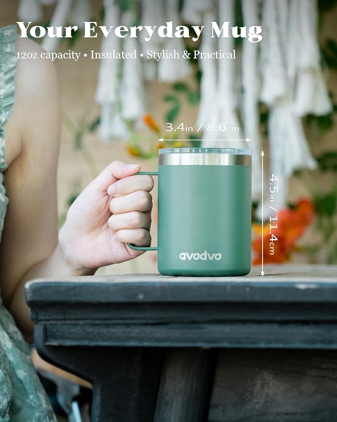 12oz Insulated Coffee Mug with Lid – Includes Two Lids, Stainless Steel Coffee Travel Mug with Handle, Double Wall Vacuum Insulated Camping Mug for Home, Office & Outdoor, Sage Green - Image 4