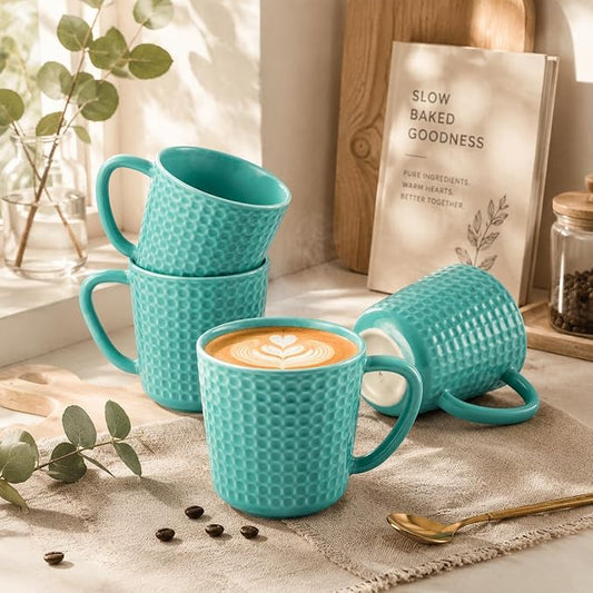 15 oz Ceramic Coffee Mugs Set of 4, Waffle Embossed Coffee Mug, Turquoise | Coffee Cups with Handle for Latte Cappuccino Tea Stoneware Mugs Set Housewarming Wedding Gift, Microwave & Dishwasher Safe by Seworlan