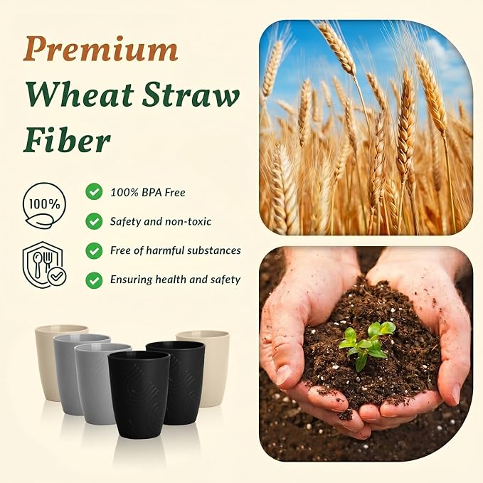 Homienly Wheat Straw Cups Drinking Glasses Set of 6, Unbreakable Plastic Cups Reusable Cups for Kitchen Camping Picnic Dorm Microwave and Dishwasher Safe Water Glasses Drinking Set 12 OZ - GreyStone - Image 4