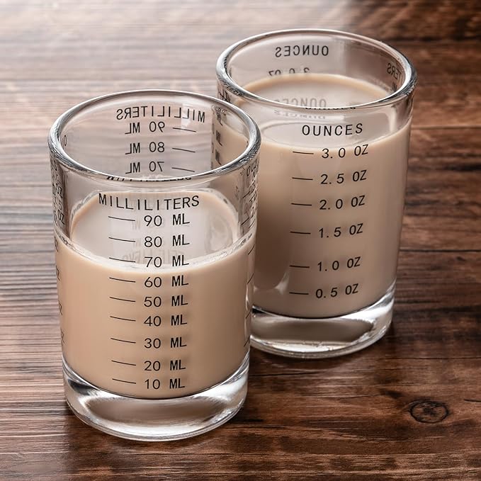 GLASKEY 2 Pack Shot Glass Measuring Cup Set,3 oz/90ML Liquid Heavy High Espresso Glass Cup,Dishwasher Safe,Measurement of Dry and Liquid Ingredients(Black)