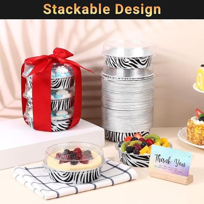 Beasea Mini Tart Pans with Lids 50 Pack, 4" 7.3oz Disposable Aluminum Foil Baking Tins Cups Round Pie Container for Individual Cupcake Dessert Muffin Cheesecake Quiche - Zebra Stripes - Image 4