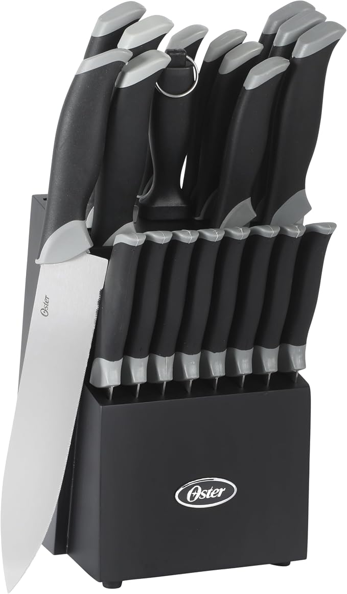 Oster Lindbergh 22 Piece High Carbon Stainless Steel Cutlery Kitchen Knife Block Set w/Black Knife Block - Black Handle - Cuchillos Para Cocina by Unknown