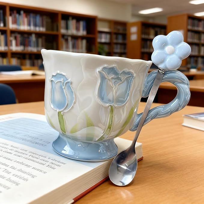 DTIUYIOP-Ceramic Coffee Mug 14oz/410ml Blue Cute Flower with Spoon | a funky coffee mug, Novelty Cute Ceramic,Lead-Free Gloss Glazed,DrinkingCup, Ideal Gift for Birthday Holiday - Image 4