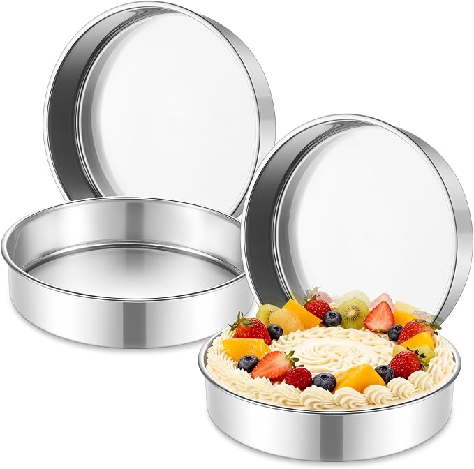 P&P CHEF 9 Inch Cake Pan Set of 4, Stainless Steel Round Cake Baking Pan | Layer Cake Tin Bakeware for Cooking Steaming, Ideal for Birthday Wedding Anniversary, Fit for Home & Commercial Use by PPCHEF