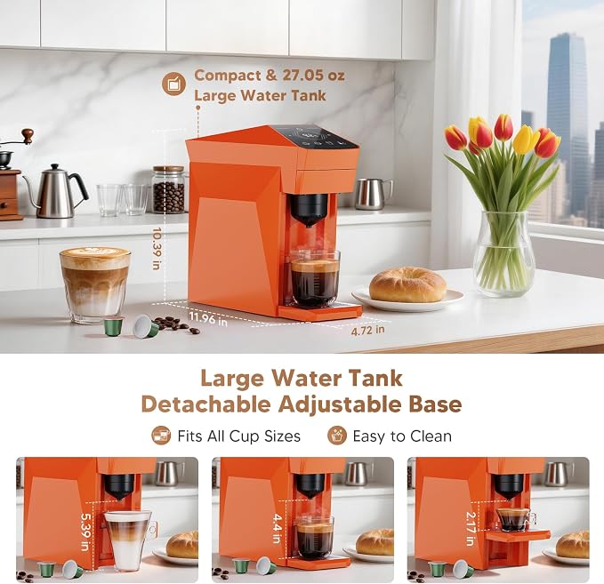 3-in-1 Coffee Maker & Espresso Machine for Pods & Grounds, Fits K Cup/Nes/Grounds, 4 Cup Sizes & Custom Brew Volume/Temp, 4.72" W for Kitchen/Office/Dorms,27 oz Tank - Image 6