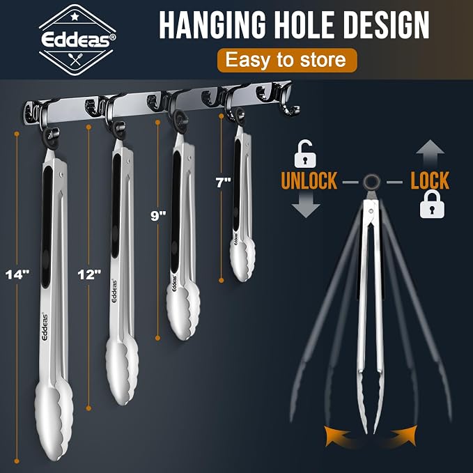 EDDEAS Grill Tongs - BBQ Tongs Heat Resistant 600 Degrees, Heavy Duty Metal, Perfect for Cooking, Grilling, Set of 4, 7",9",12" & 14 inch Black - Image 9