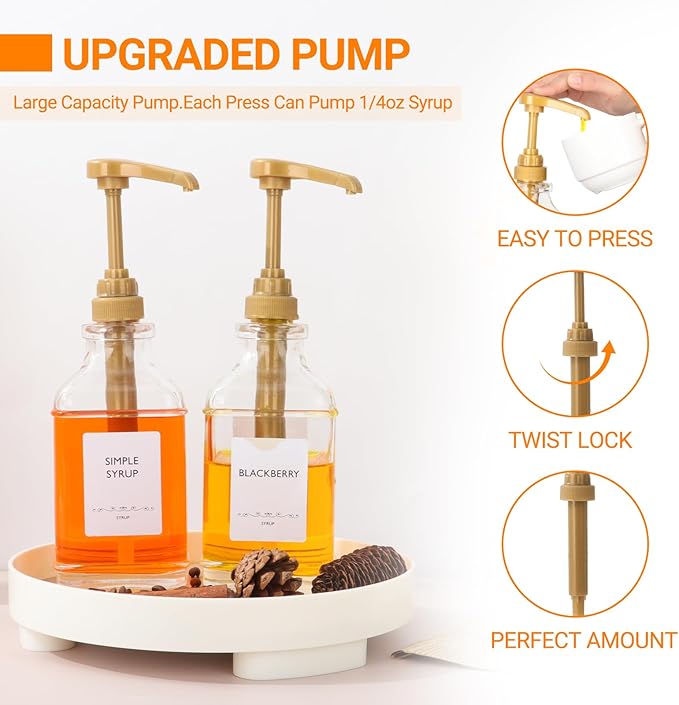 Alotpower 2-Pack 16oz Glass Coffee Syrup Dispenser Bottles, Empty Square Dispenser for Coffee Bar with 1/4oz Pump - Kit Includes 36 Labels & Marker