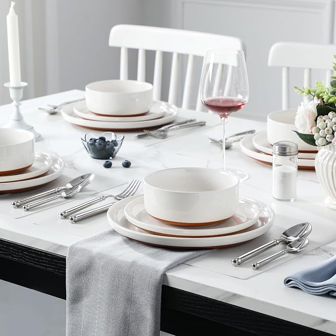 MALACASA Plates and Bowls Sets, 12 Pieces Modern Stoneware Dinnerware Set for 4 Kitchen Dinner Set Ceramic Dishware Dishes Set Microwave and Dishwasher Safe, White, Series TARA - Image 5