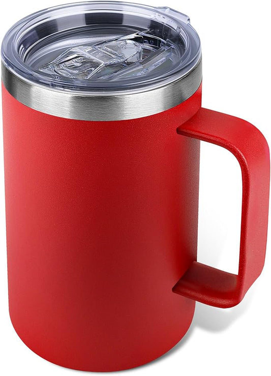 22oz Insulated Coffee Mug with Handle & Leak-Proof Lid - Double Wall Stainless Steel Travel Tumbler for Commute/Office/Home, Red, 1 Pack by Unknown