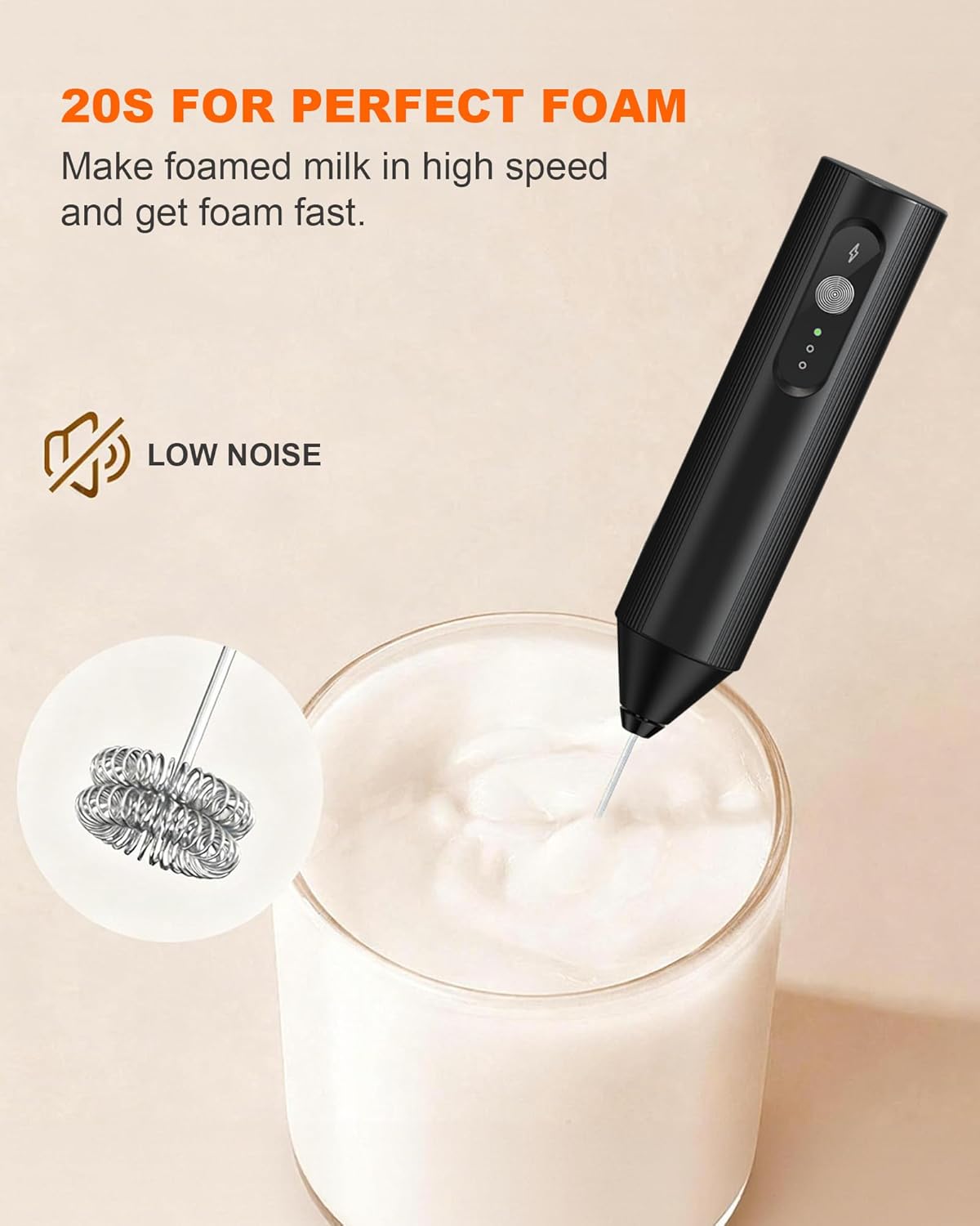 Rechargeable 3-Speed Milk Frother Wand (Black)