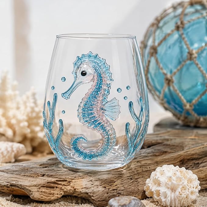 Blue Handmade Stemless Wine Glass 3D Ocean Cup (White Style 5) | 3D Sculpted Handmade Blue Ring Stemless Glass Ocean Cup Handblown Glassware (White Style 5) - Image 4