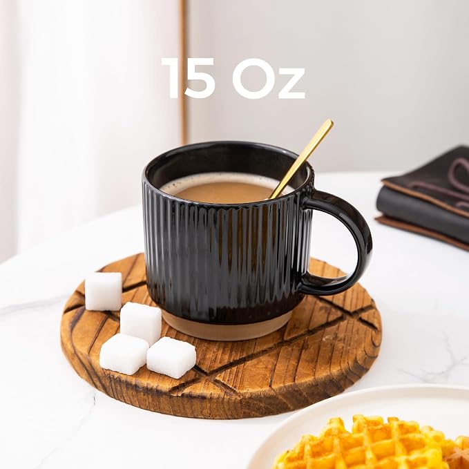 GBhome 15 OZ Stackable Coffee Mugs Set of 4, Ceramic Coffee Cups Set | 4 Assorted Designs, Embossed Mugs with Texture Patterns for Tea/Coffee, Dishwasher&Microwave Safe, BLACK - Image 2