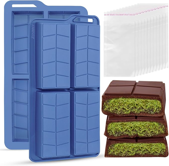Chocolate Bar Molds Silicone Non Stick 0.82inch Deep,2 Pack Thick Dubai Shapes Candy Stuffed Bar Mold for Filling Chocolate Knafeh Pistachio Granola Bar Snacks with 100pcs Bags by ZONBBEE
