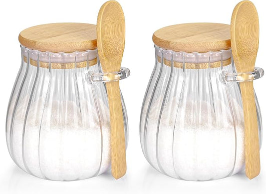 2 Pack Sugar Container with Bamboo Lid and Spoon,15oz Sugar Bowl Glass Jar | Coffee Bar Accessories Coffee Canister Kitchen Decor Housewarming Gift Christmas Refillable Design by Holoith
