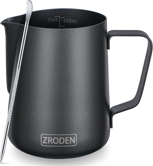 Milk Frothing Pitcher, 20oz Espresso Steaming Pitchers Stainless Steel Cappuccino Coffee Machine Accessories Barista Tools Steam Froth Pitchers Milk Jug Cup with Decorating Pen Latte Art, Matte Black