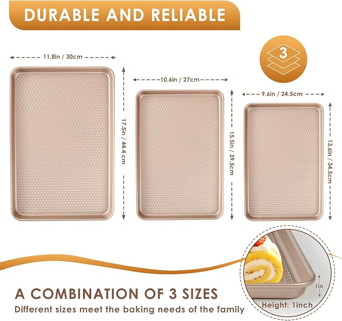 Baking Sheet Pan Set of 3, Nonstick Carbon Steel Cookie Sheets with Texture | Commercial Half/Quarter/Jelly Roll Pans Replacement Toaster Oven Tray, Heavy Duty & Easy Clean - Image 2