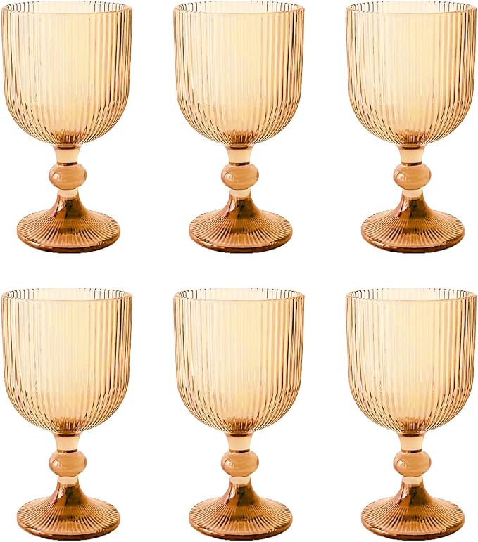 Vintage Wine Glasses Set of 6, 11 Ounces Colored Glass Water Goblets, Colorful Unique Embossed Pattern High Clear Stemmed Glassware Wedding Party Bar Glass Drinking Cups Vertical Line Gold Amber - Image 5