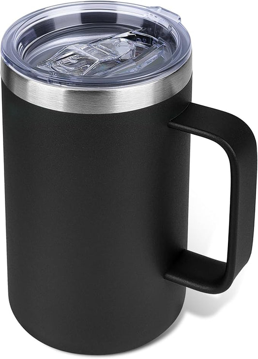 22oz Insulated Coffee Mug with Handle & Leak-Proof Lid - Double Wall Stainless Steel Travel Tumbler for Commute/Office/Home, Black, 1 Pack by Unknown