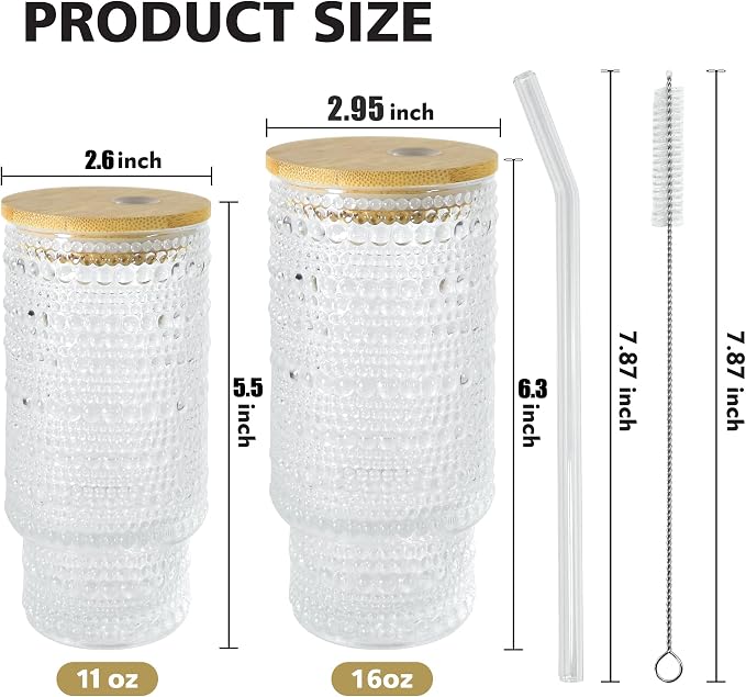4 Pcs 11 oz Drinking Glasses Cups Set with Bamboo Lids Straws Brush Small Drinking Glassware Set for Juice Iced Coffee Cocktail Whiskey(Hobnail*4) | Vintage Iced Coffee Cup with Bamboo Lid, Cute Stackable Glassware for Cocktail Juice Matcha Smoothie Ho... - Image 5
