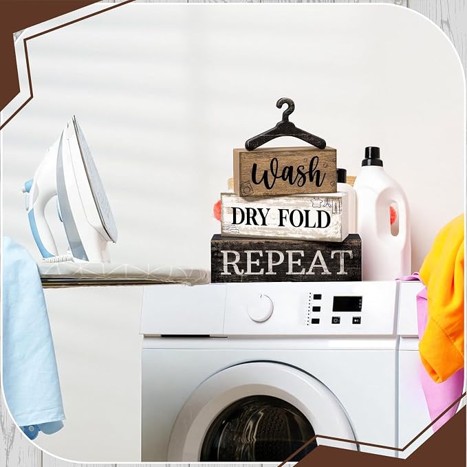 Moucuny 4 Pcs Farmhouse Laundry Room Decor Stacked Blocks, Wash Dry Fold Repeat Wooden Sign Set with Vintage Hanger - Rustic Home Shelf Decor for Laundry Area Housewarming Gift - Image 7