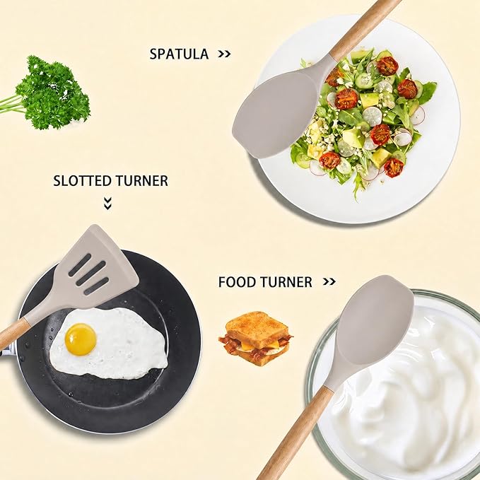 MIBOTE Silicone Cooking Kitchen Utensils Set, Wooden Handle, Khaki | BPA-Free, Non-Toxic Silicone Turner, Tongs, Spatula, Spoon Set – Great for Nonstick Cookware, Heat-Resistant, Easy Clean - Image 3