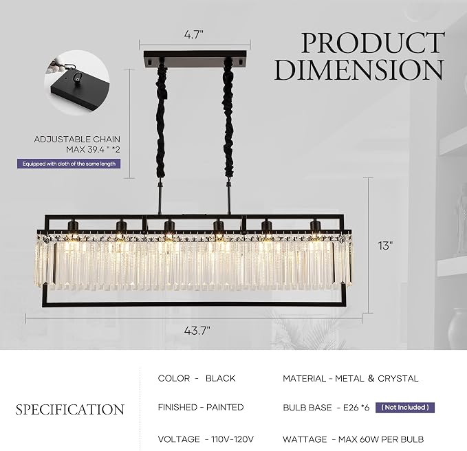 43.7" Modern Black Crystal Chandeliers for Dining Room, Luxury Rectangle 6-Light Kitchen Island Lighting, Linear Hanging Ceiling Pendant Light Fixture for Pool Table Entryway Foyer Hallway - Image 2