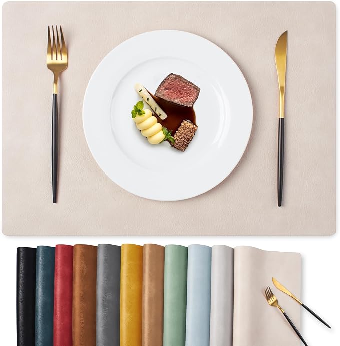 MOSAYT Vinyl Placemats Set of 12-12 X 17 Inch - Faux Leather 100% Waterproof Oil-Proof Wipeable PU Place Mats, Heat Resistant Reversible Table Mats for Kitchen, Dining, Outdoor, Beige by MOSAYT