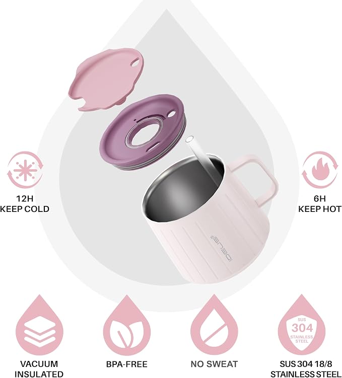 Ideus 14 oz Insulated Coffee Mug with Handle and Lid, Double Wall Stainless Steel Vacuum Thermal Coffee Mug, Travel Coffee Cup for Home and Office, Light Pink - Image 2