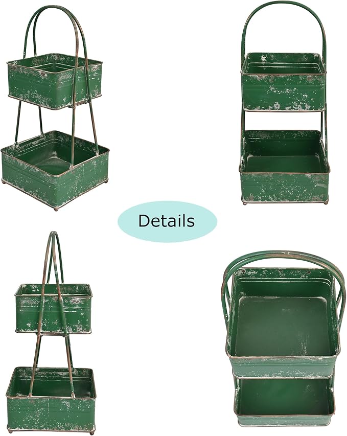 Vintage Metal Storage Basket 2-Tier 25.98" H Farmhouse Distressed Kitchen Counter Organizers Rustic Double-Layer Organizing Bin for Kitchen Pantry (Green) - Image 3