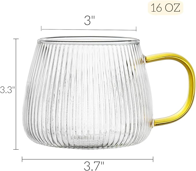 AVLA 6 Pack Glass Coffee Mugs, 16 OZ Unique Vertical Stripes Coffee Cup, Clear Large Tea Glasses with Handle, Vintage Transparent Glassware for Hot/Cold Beverages, Cappuccino, Latte, Espresso, Juice - Image 2