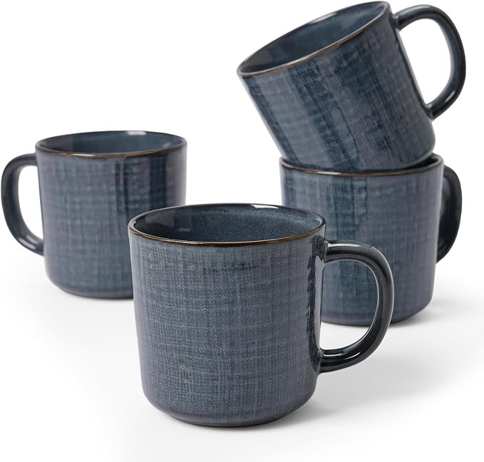 famiware Moonlight Coffee Mug Set of 4, 14oz Mug Set with Linen Finish, Coffee Cup Set with Handle for Latte, Cappuccino, Tea, Hot Cocoa, Microwave and Dishwasher Safe, Dark Blue by Famiware