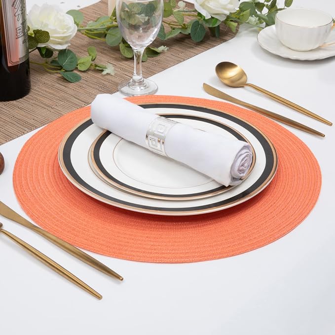 SHACOS Round Braided Placemats Set of 6 Washable Cotton Polyester Round Placemats for Kitchen Table 15 inch Round Table Mats (Coral, 6) - Image 6