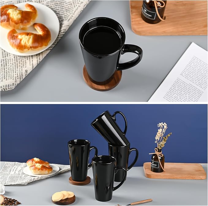 BYCNZB 16oz black Funnel Ceramic Tall Coffee Mugs for Coffee, Tea, Cocoa, Latte, Milk set of 4(Black) - Image 5