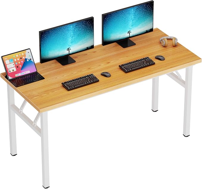 DlandHome 62 Inch Large Folding Computer Desk, Fully Assembled, Teak White | Foldable Writing Table for Bedroom Dorm, Conference Table for Home Office, Wood Top Metal Frame, Collapsible Easy Storage - Image 8