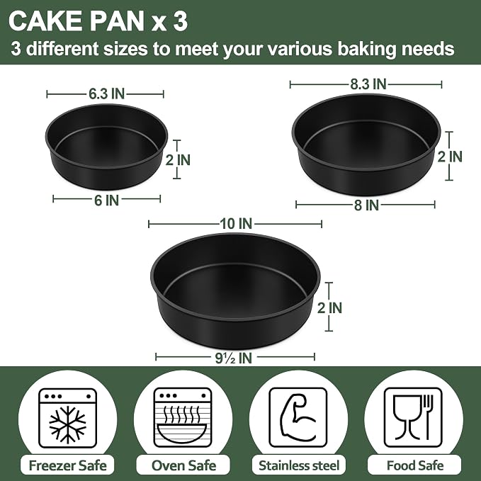 E-far Cake Pan Set of 3 (6 inch/8 inch/9½ inch), Nonstick Round Baking Cake Pans for Tier Birthday Wedding Cake, Stainless Steel Core & Non-Toxic Coating, 2 Inch Deep (Black) - Image 2