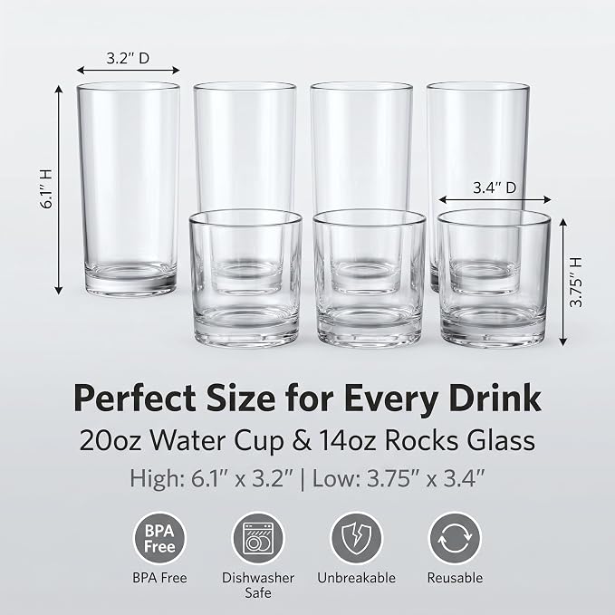 Meolibour® Acrylic Drinking Glasses Set of 8, 14oz Rocks & 20oz Water Cups, Unbreakable Plastic Drinkware, Clear Kitchen Tumblers for Home Outdoors, Reusable, BPA-Free, Top-Rack Dishwasher Safe - Image 4