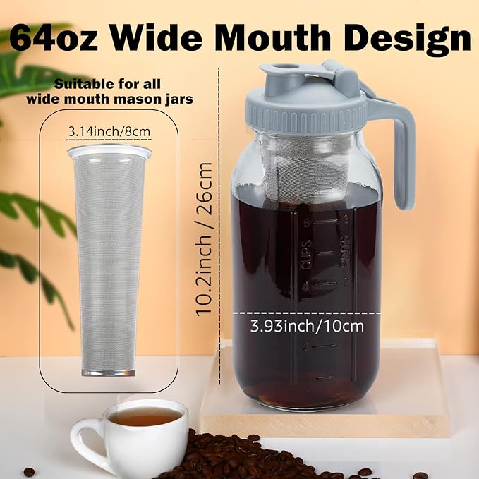 Cold Brew Coffee Maker Pitcher - 64oz Iced Coffee Maker with Stainless Steel Mixing Spoon & Super Dense Filter 3 Steps Finish, Classic BPA Free Sturdy Mason jar Pitcher with Gray Lid Easy to Clean