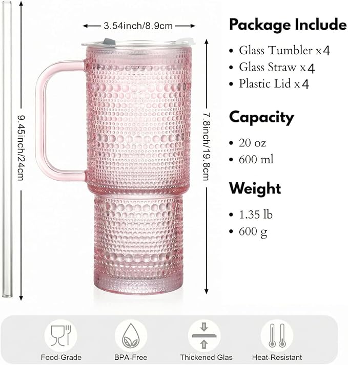 20 oz Pink Glass Tumbler with Lid and Straw, Glass Iced Coffee Cups, Spill-proof Glasses Tumbler with Handle, Glasses Drinking Set of 4, Vintage Glassware for Cocktail, Smoothies - Image 7