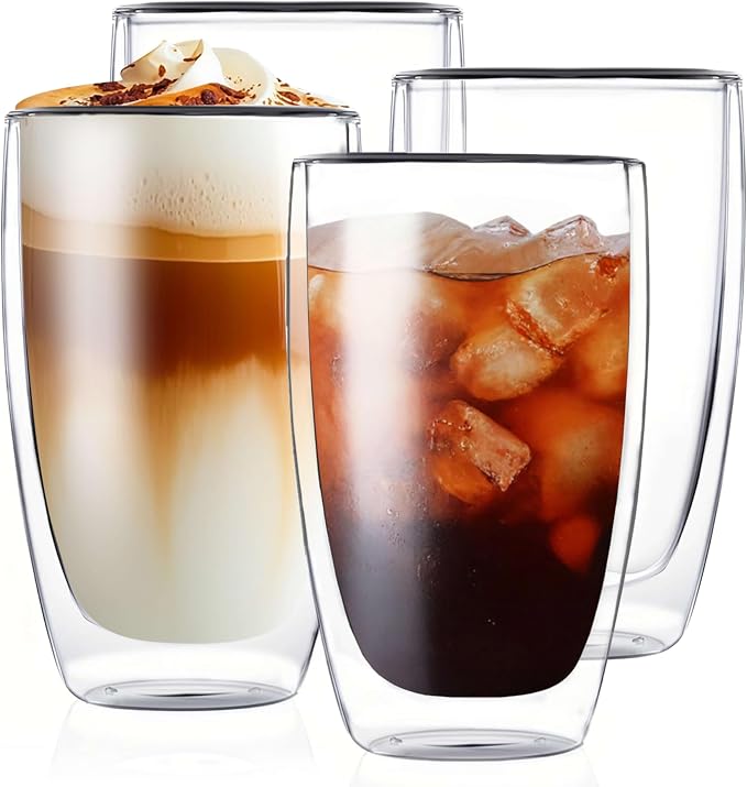 MESNEY 17 oz Double Walled Glass Coffee Mugs, Glass Coffee Mugs Set of 4, Insulated Clear Cappuccino Latte Mugs for Home, Cafe & Restaurant, Durable Stackable Drinking Glasses by MESNEY